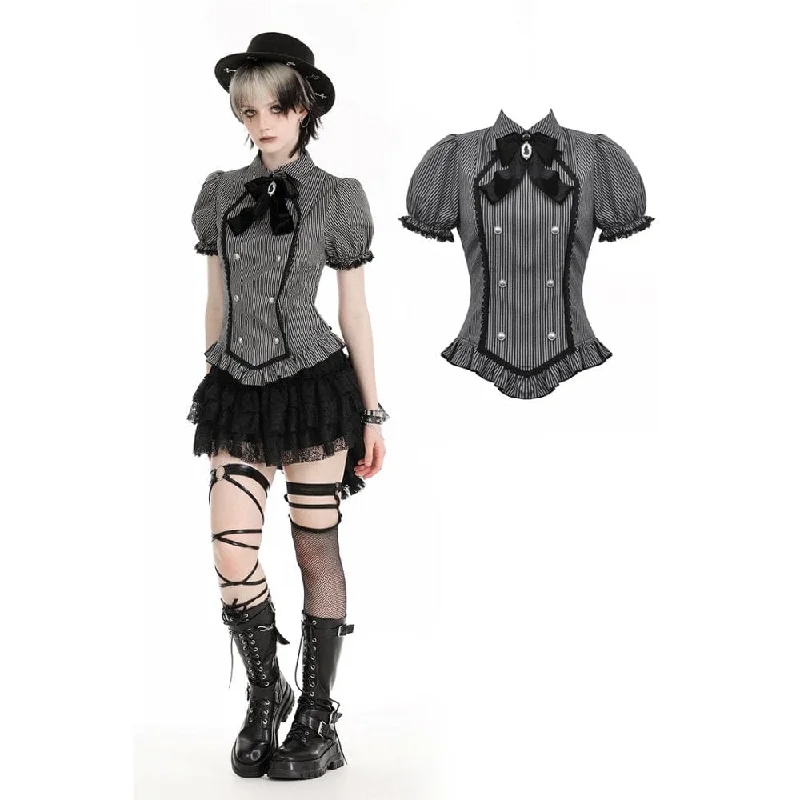 women's v-neck t-shirt -Women's Gothic Puff Sleeved Striped Shirt