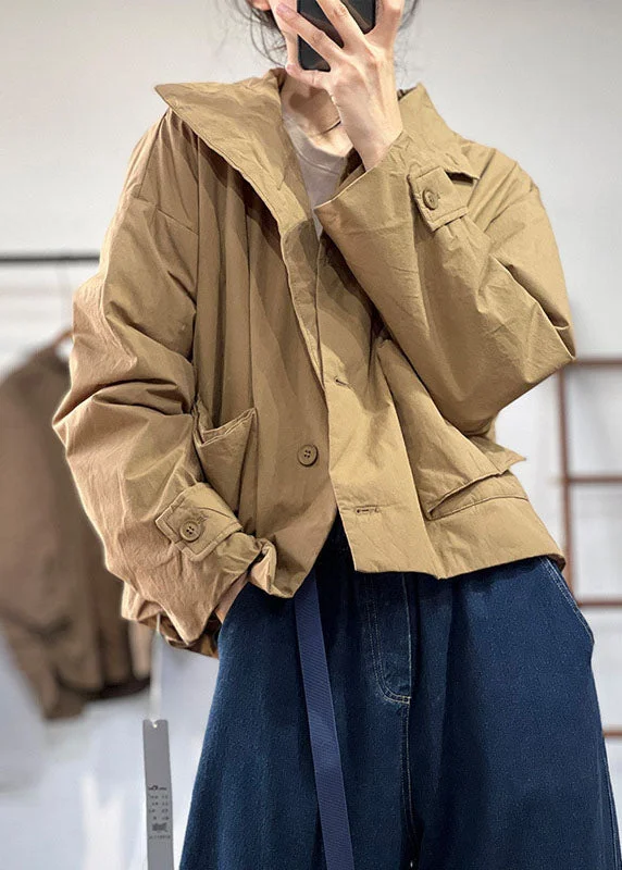 zip-up casual anorak jacket for women -Simple Khaki Peter Pan Collar Oversized Solid Color Fine Cotton Filled Jackets Winter