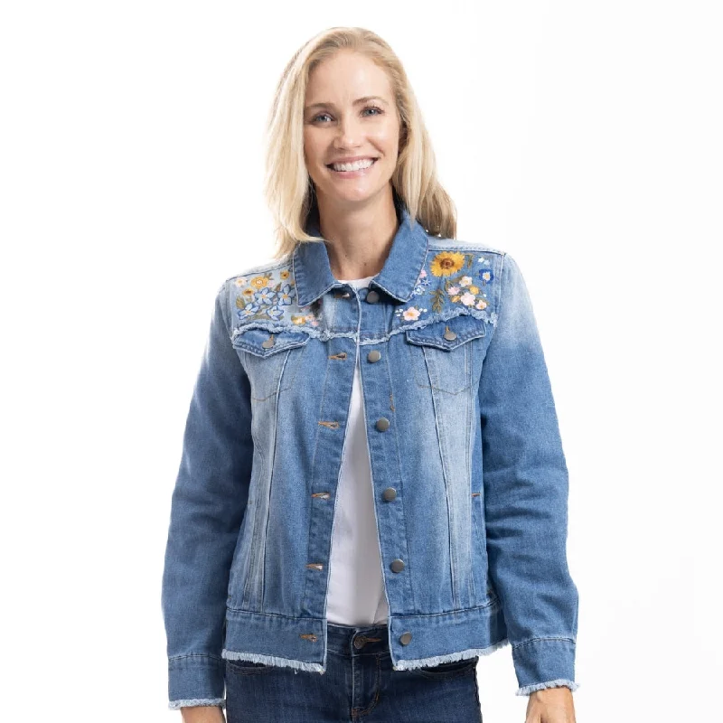 military-style coat for women -Sunflower Embroidery Jean Jacket