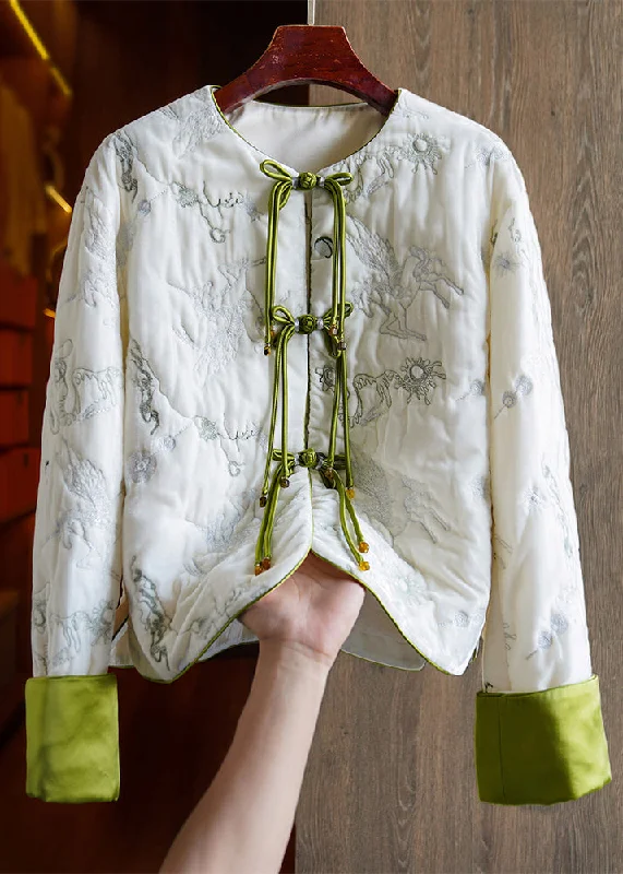 classic women's wool coat -Chinese Style White Embroideried Button Silk Velour Parka Long Sleeve