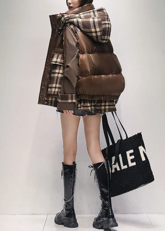 long elegant trench coat for women -Women Coffee Oversized Patchwork Plaid Duck Down Winter Coats Winter