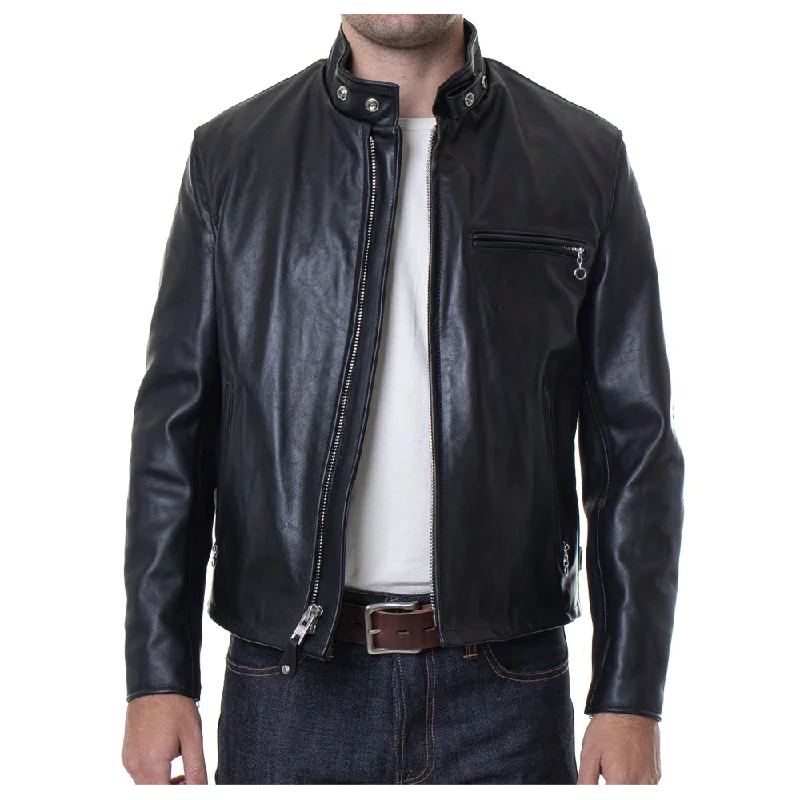 structured blazer jacket for women -Men Classic Cafe Racer Leather Jacket Plain