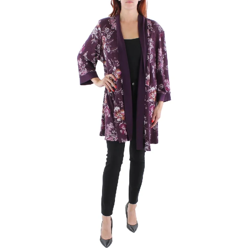 women's belted trench coat -R&M Richards Womens Plus Knit Floral Duster Blazer