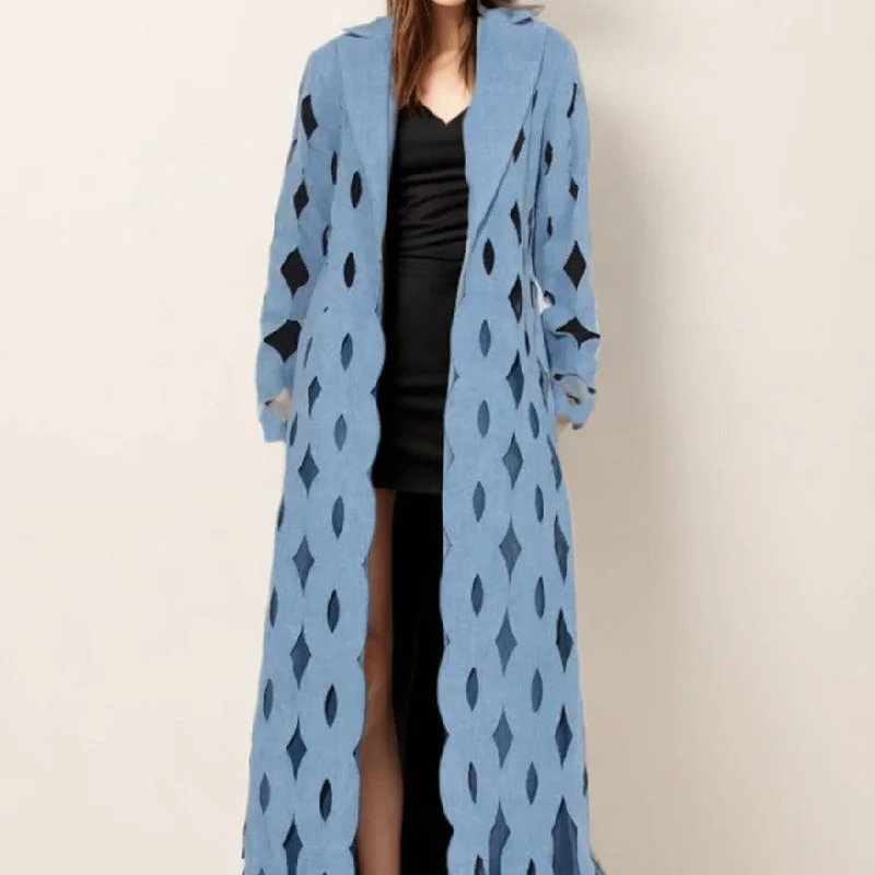 double-layered long coat for women -Talitha Hollow Out Tassels Denim Coat