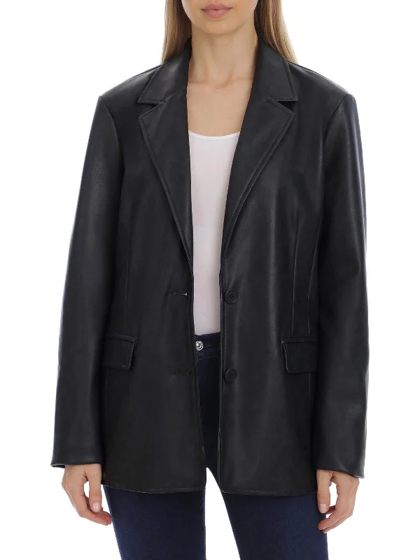 classic trench raincoat for women -Womens Faux Leather Cold Weather Shirt Jacket