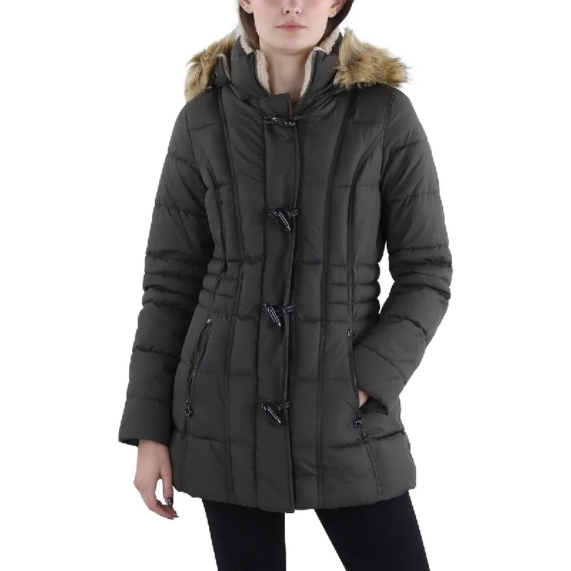 classic trench raincoat for women -Womens Faux Fur Trim Hooded Puffer Jacket