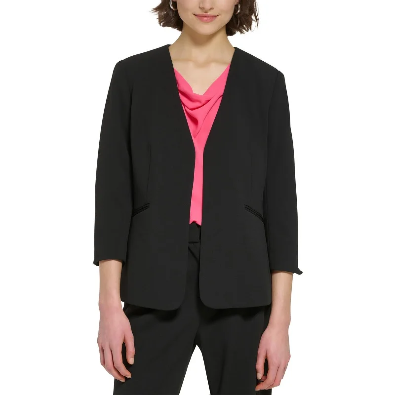 ladies' faux suede jacket -Calvin Klein Womens Petites Woven Collarless Open-Front Blazer