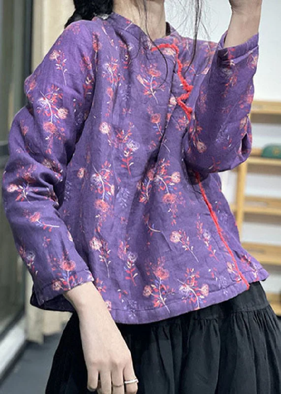 women's oversized corduroy jacket -Chic Purple Stand Collar Print Fine Cotton Filled Coats Winter