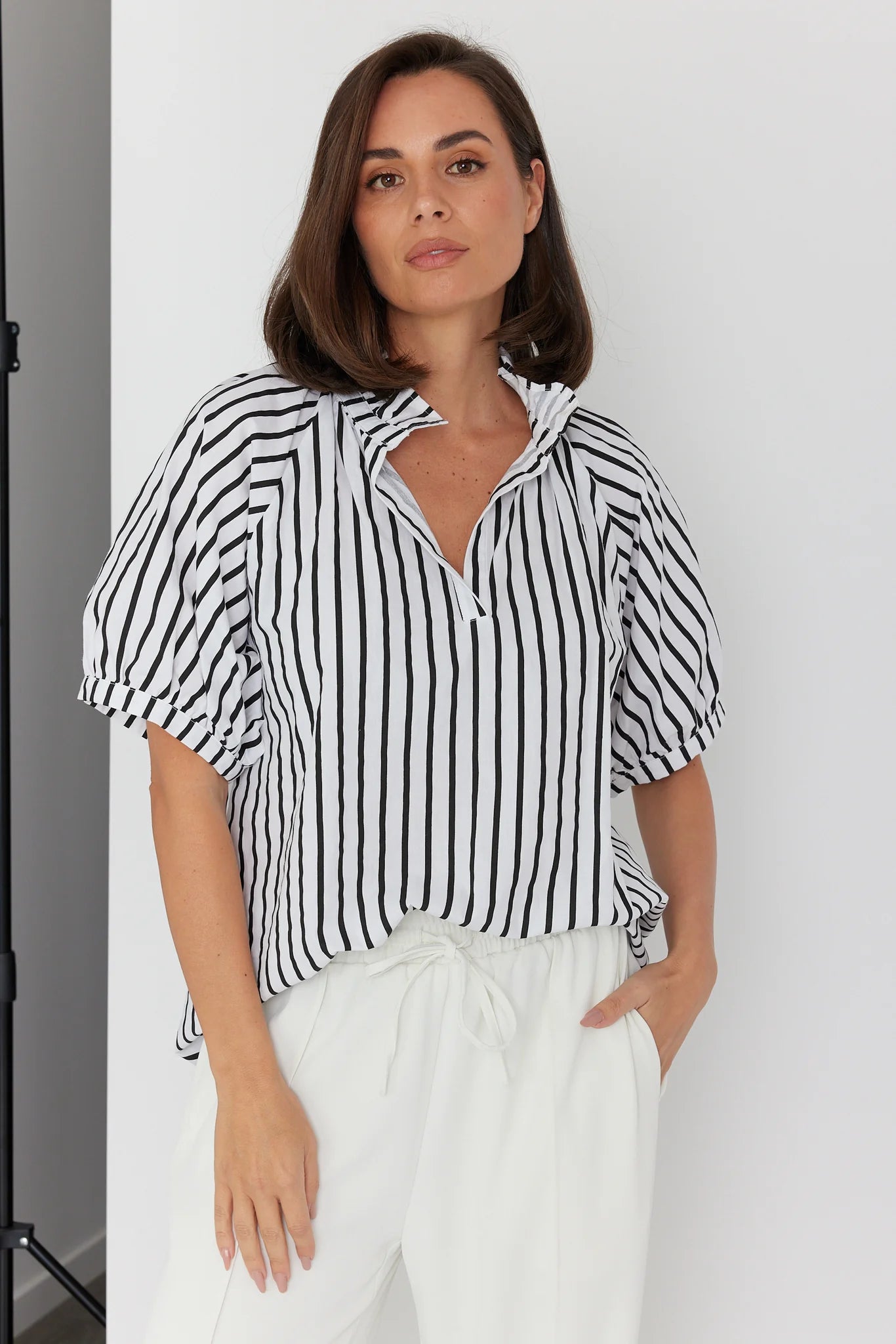 cute peplum blouse for ladies -PRESTO Black Wide Stripe Blouse