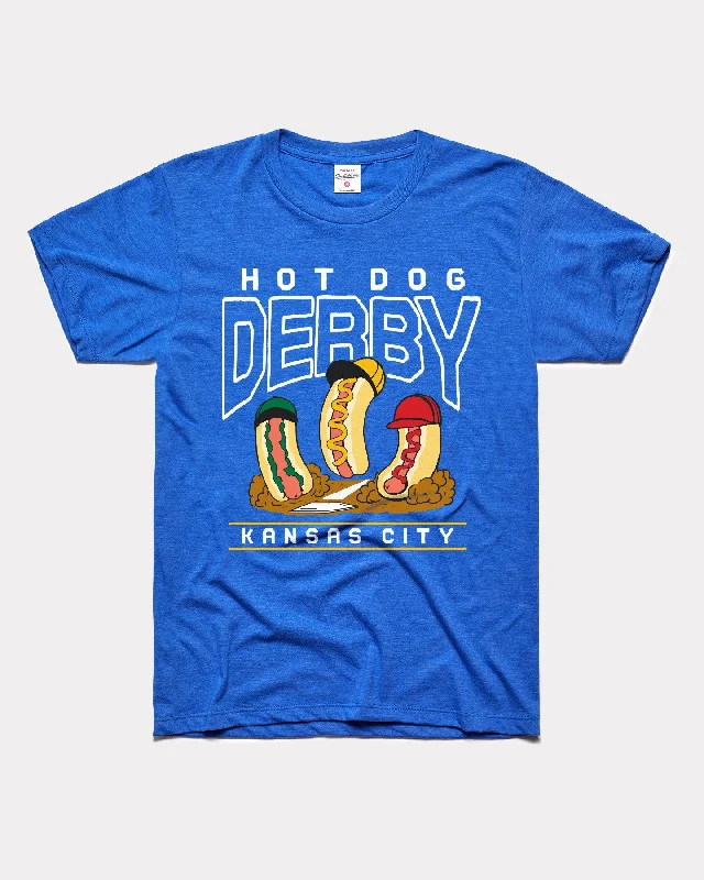 ladies' cowl neck blouse -Hot Dog Derby Vintage Heather Royal Blue T-Shirt