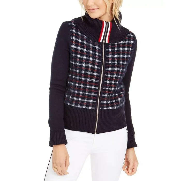 warm shearling coat for women -Tommy Hilfiger Women's Plaid Sweater Jacket Blue Size Extra Small - X-Small