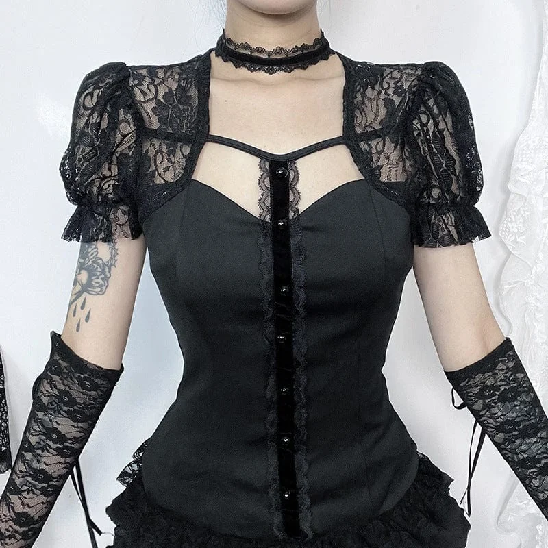 ladies' cowl neck blouse -Women's Gothic Puff Sleeved Lace Splice Shirt