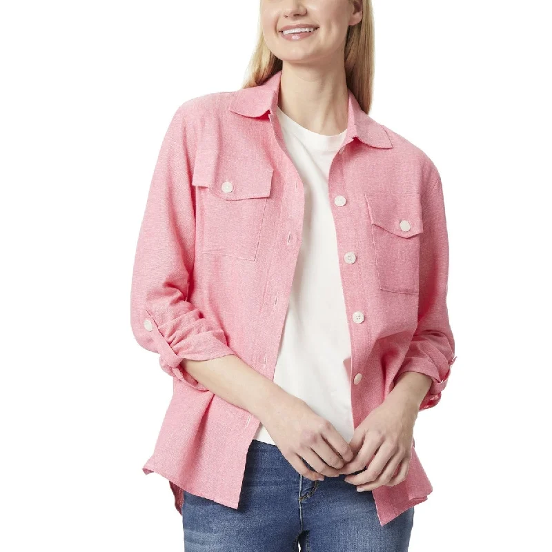 urban style cropped puffer jacket -Jones New York Women's Shacket With Rolled Tab Jacket Pink Size Medium