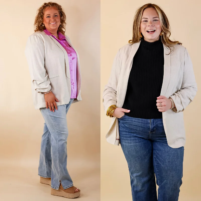 breathable softshell jacket for women -Promise Me Open Front Linen Blazer in Beige