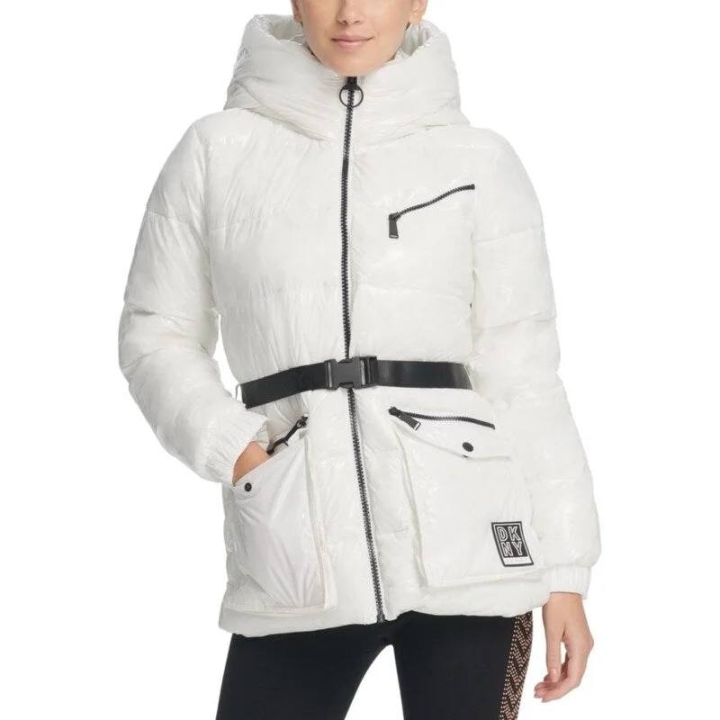 women's asymmetrical zip jacket -DKNY Women's Sport Belted Hooded Puffer Jacket White Size Large