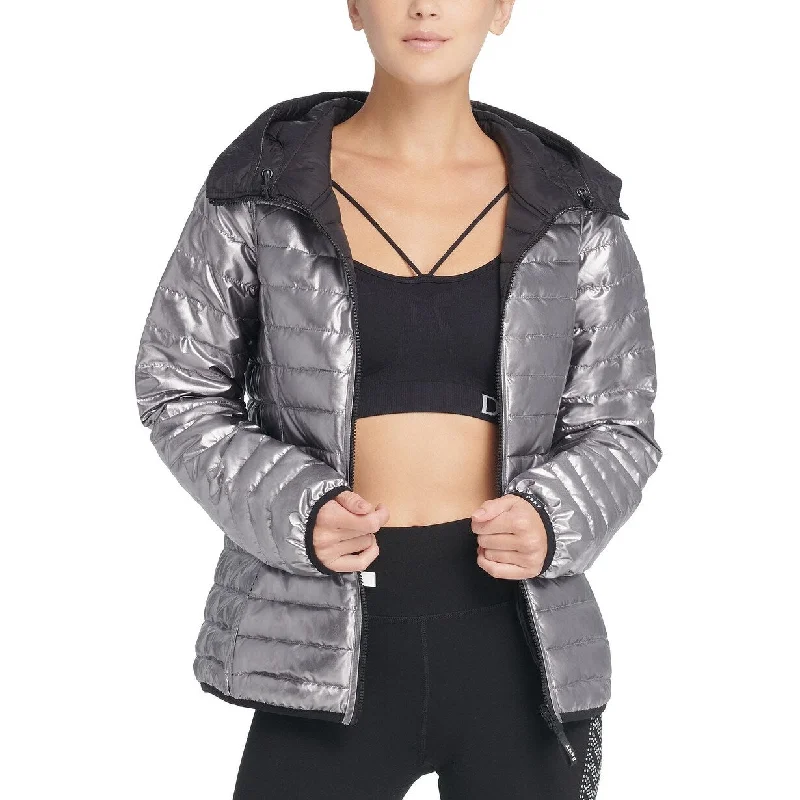 ladies' puffer jacket -DKNY Women's Sport Reversible Packable Hooded Jacket Dark Gray Size Small