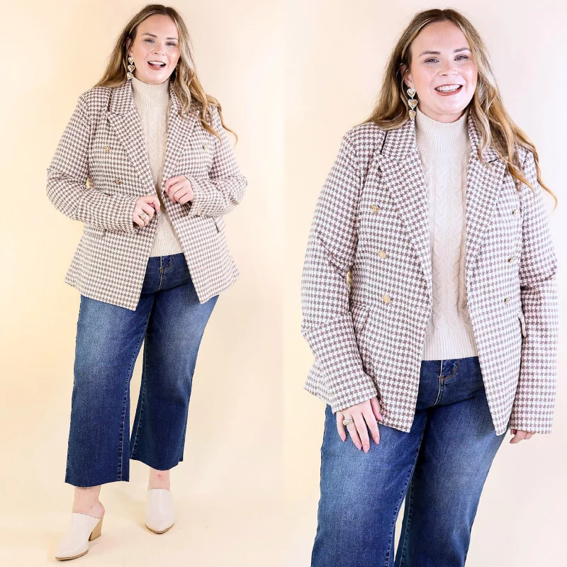 military-style coat for women -Shot Of Espresso Houndstooth Blazer with Gold Buttons in Light Taupe