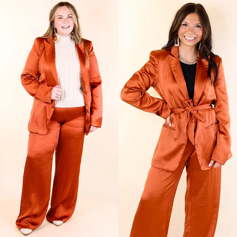 ladies' soft knit cardigan coat -My Everything Satin Waist Tie Blazer in Rust Orange