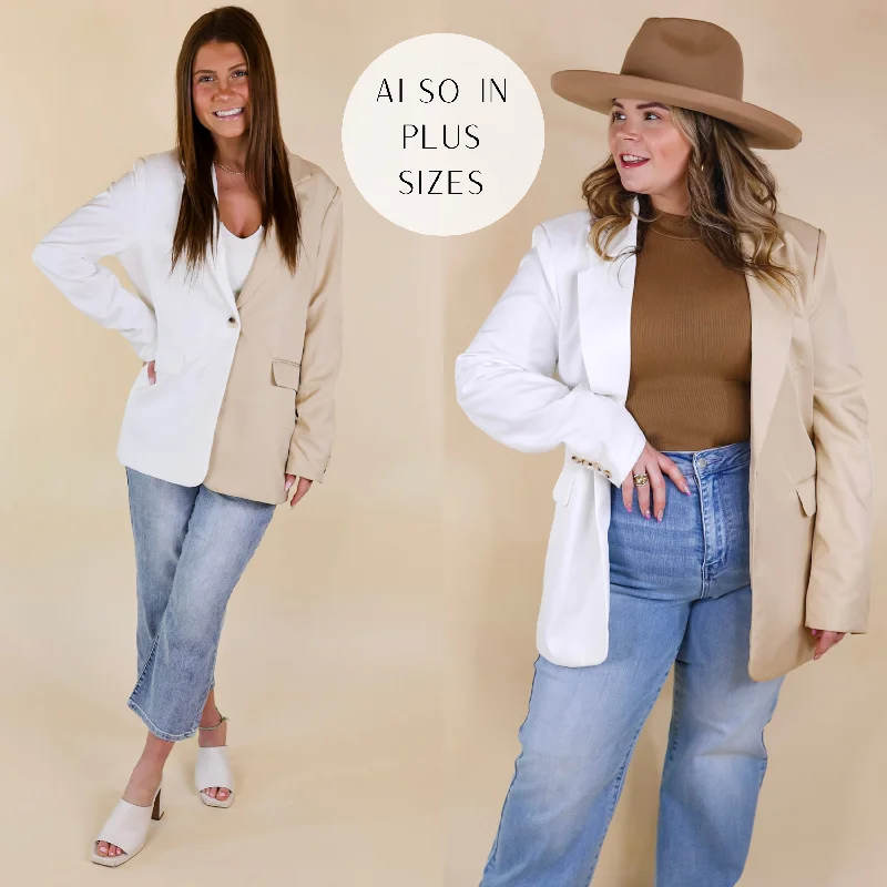 stylish women's blazer -Expect First Class Long Sleeve Color Block Blazer in Beige and White