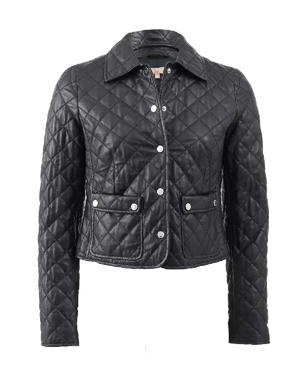 stylish houndstooth coat for women -Quilted Leather Jacket