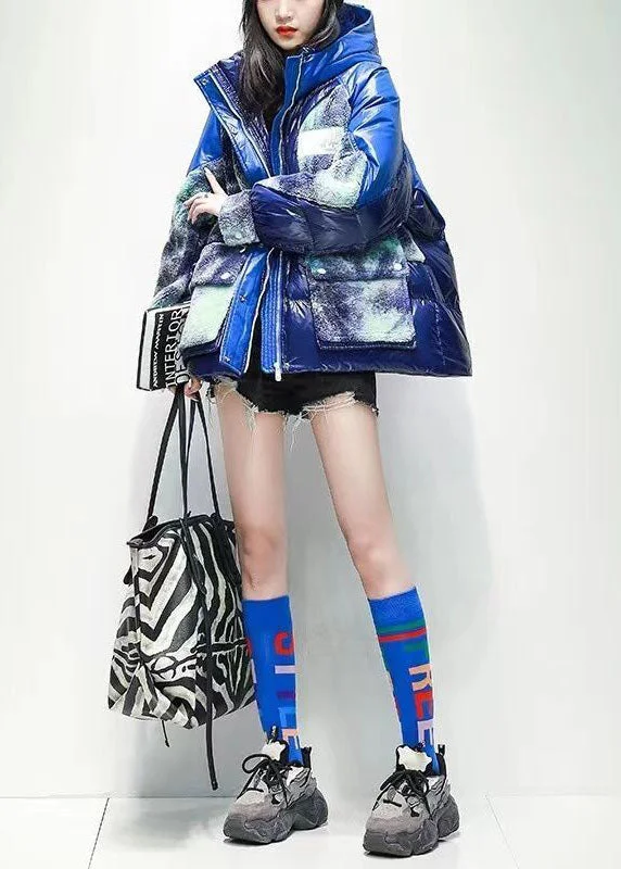 casual oversized shacket for women -Casual Blue Hooded Patchwork Print Duck Down Puffer Jacket Winter