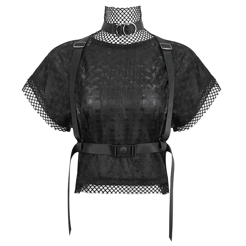 women's seamless fitted top -Women's Gothic Mesh Splice Shirt with Buckle Strap