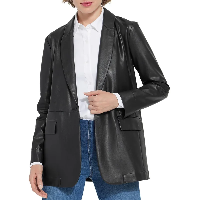 women's elegant cape coat -Lysse Womens Eira Faux Leather Collar One-Button Blazer