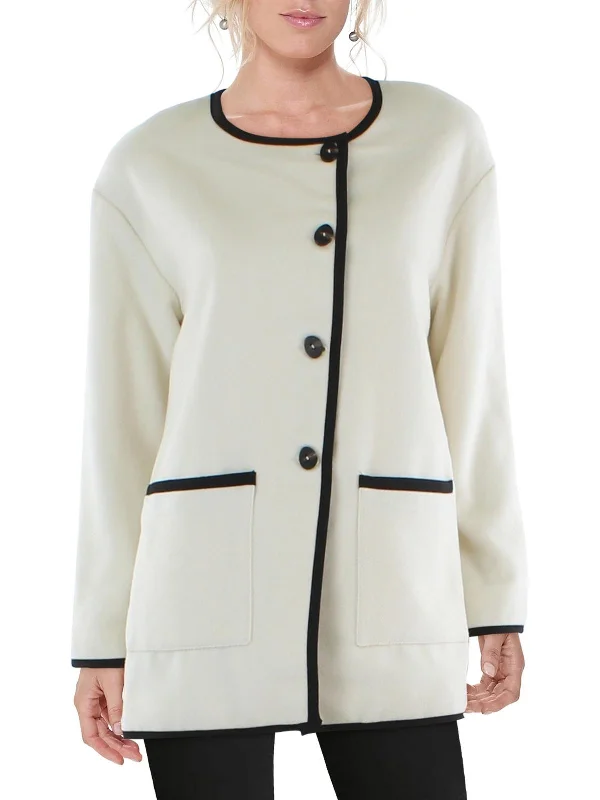 cropped wool blazer for women -Womens Contrast Trim Fleece Pea Coat