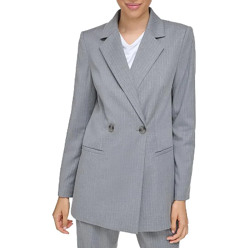 sleek satin bomber jacket for women -Calvin Klein Womens Striped Shoulder Pads Double-Breasted Blazer