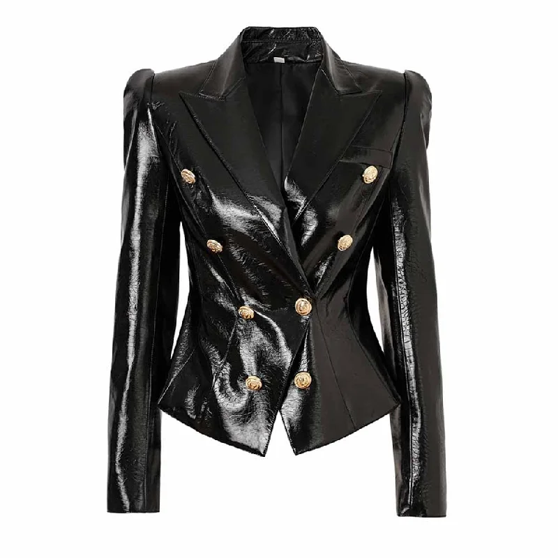 women's fur-trimmed parka -Black Double-Breasted Faux Leather Jacket Gold Tone Blazer