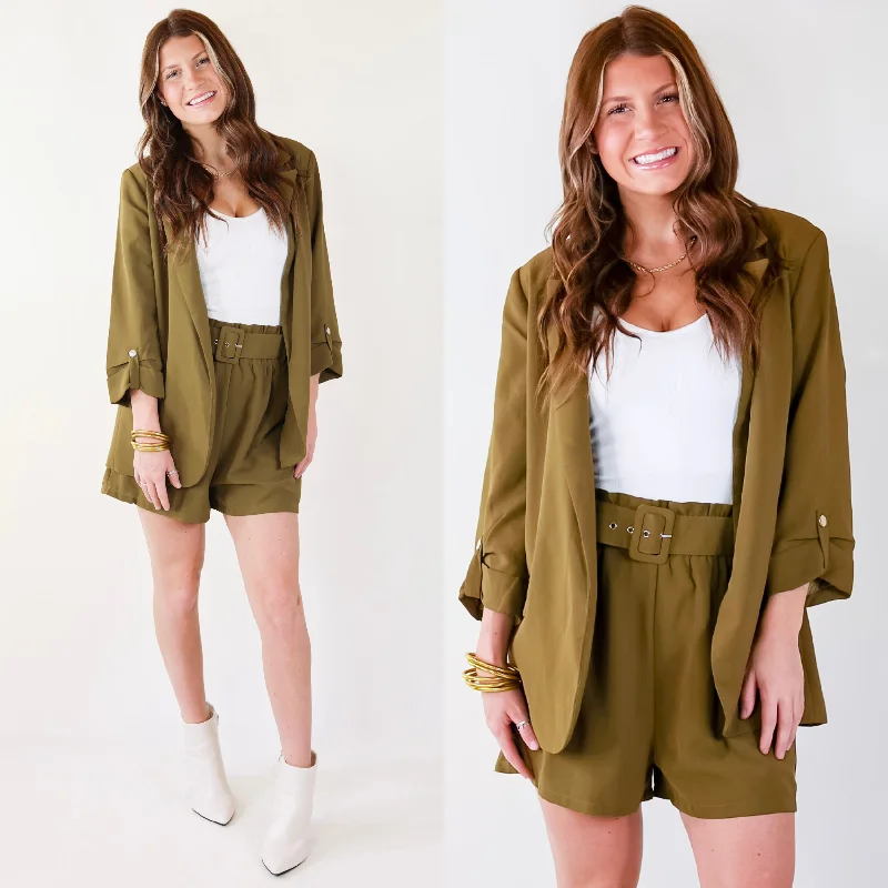 ladies' sporty windbreaker -Fine Like Wine 3/4 Sleeve Blazer in Olive Green