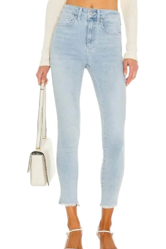 stylish flare-leg denim for ladies -Raw High Rise Jeggings In Havanna Blue