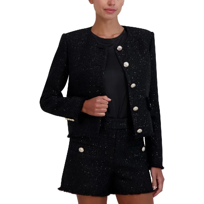 women's sherpa-lined jacket -BCBGMAXAZRIA Womens Tweed Sequined Collarless Blazer