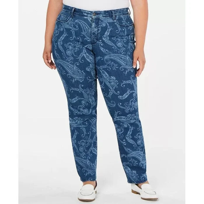 women's distressed high-waisted denim -Charter Club Women's Printed Straight-Leg Jeans Blue Size 18W