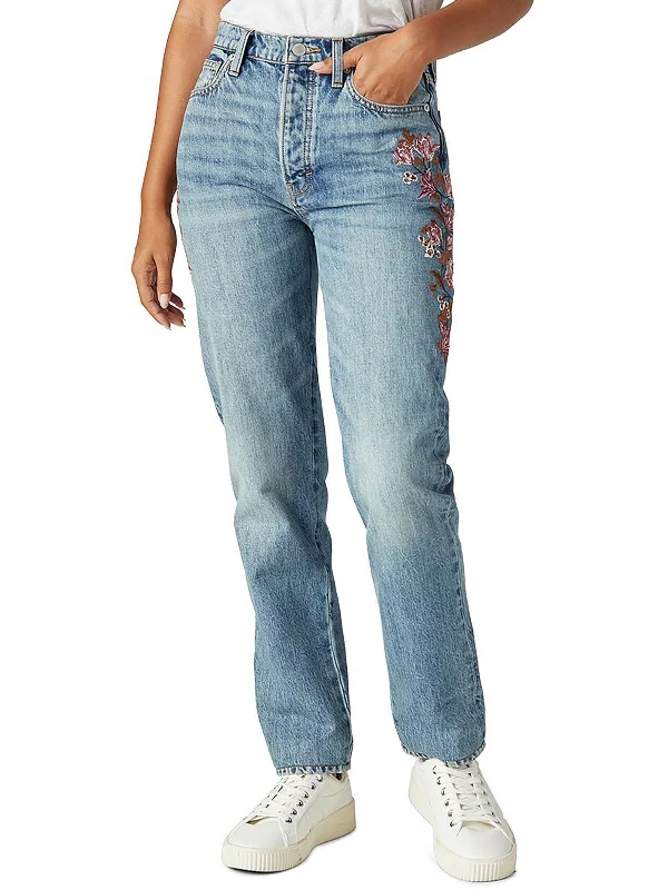 comfortable stretch mom jeans for women -Womens High-Rise Embroidered Mom Jeans