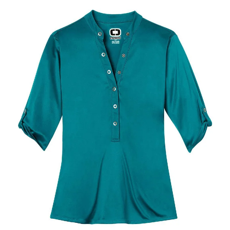 trendy gathered sleeve top for ladies -OGIO Women's Torque Teal Crush Henley