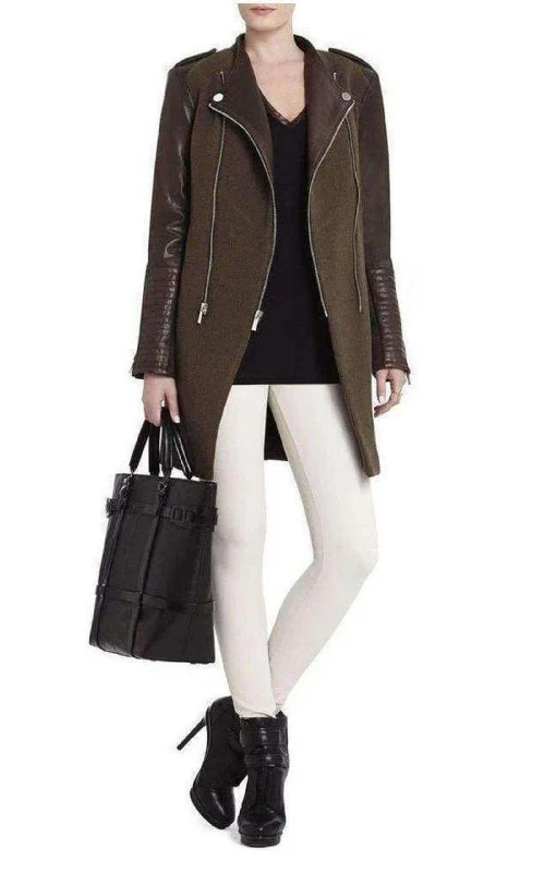 stylish leather jacket for women -Julia Contrast Leather Sleeves Coat