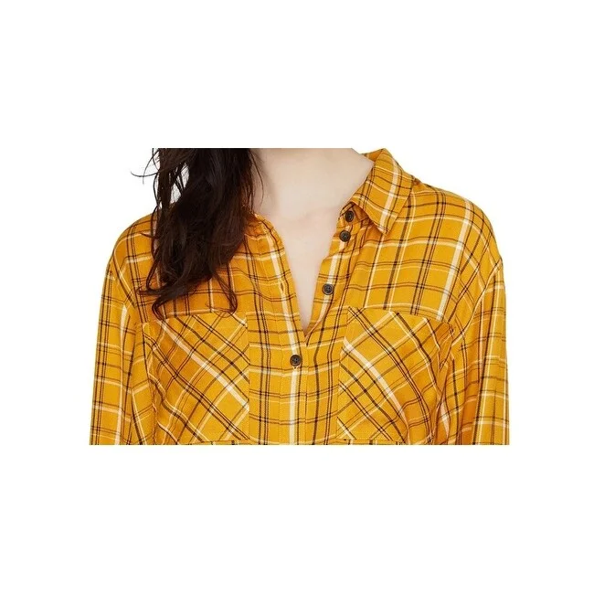 ladies' designer overcoat -Sanctuary Women's New Generation Plaid Boyfriend Blouse Yellow Size X-Large