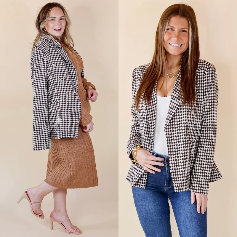 ladies' lightweight anorak coat -Shot Of Espresso Houndstooth Blazer with Gold Buttons in Brown