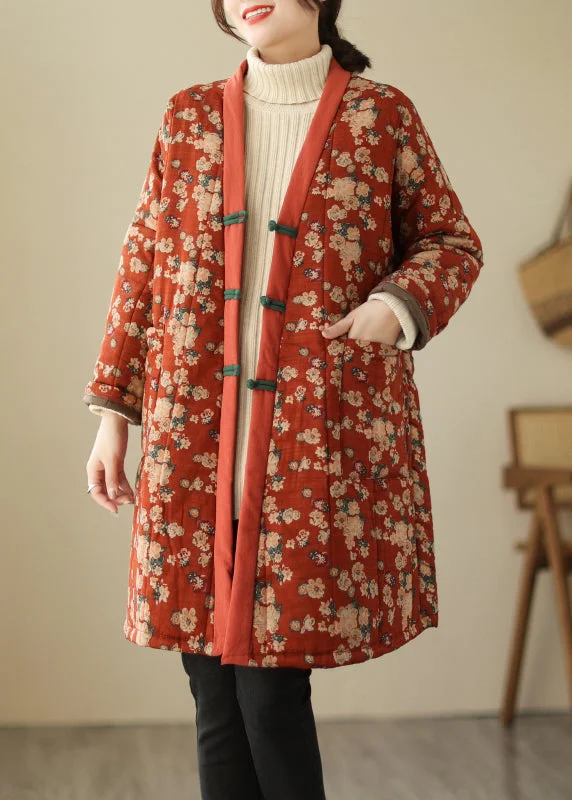 women's oversized corduroy jacket -Unique Red V Neck Print Thick Cotton Filled Parka Winter