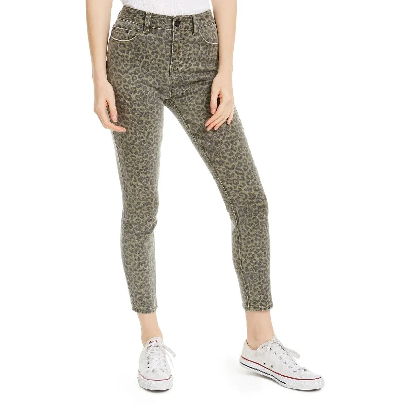 women's denim jogger pants -Indigo Rein Juniors Women's Leopard-Print Cropped Skinny Jeans Green Size 1