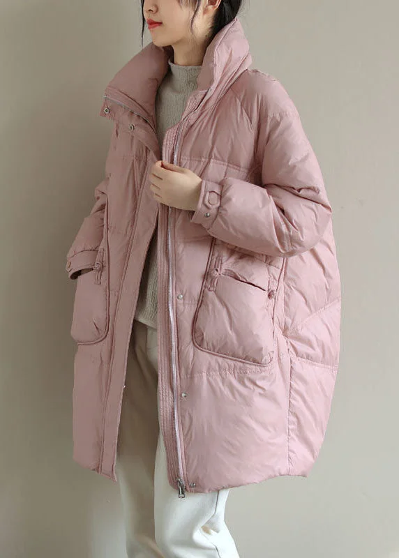 women's faux fur coat -French Pink Zippered Oriental Button Duck Down Puffer Coat Winter