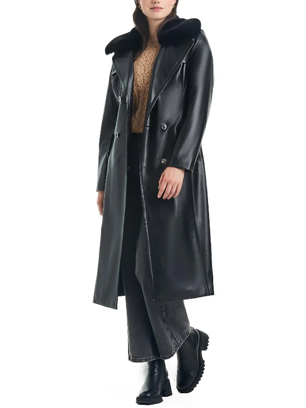 fashionable belted wool coat for women -Womens Faux Leather Collared Motorcycle Jacket