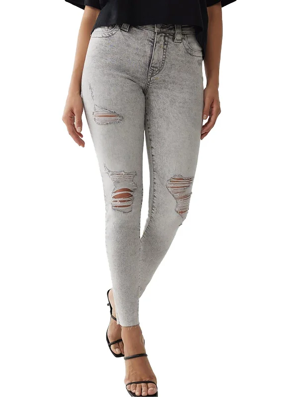 ladies' tapered leg denim pants -Jennie Curvy Womens Mid-Rise Destroyed Skinny Jeans