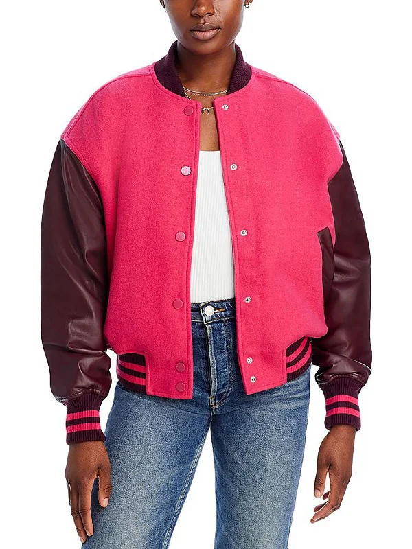 casual coats for women -Varsity Womens Faux Leather Trim Striped Bomber Jacket