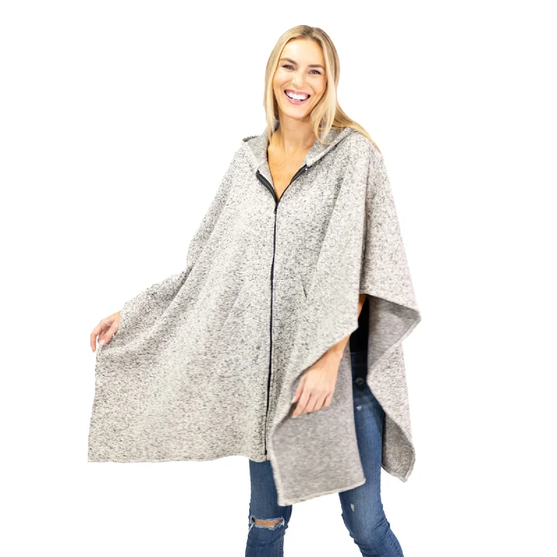 stylish fleece-lined coat for women -Heather Anne Hooded Full Zip Marl Knit Fleece Poncho