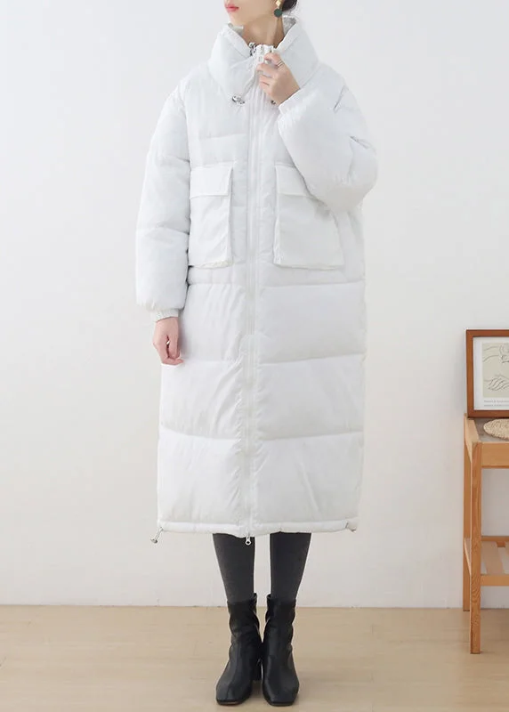 oversized women's coat -White Stand Collar Drawstring Thick Long Parka Winter