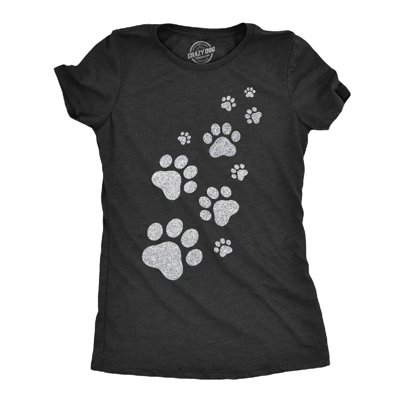 cute graphic tee for ladies -Glitter Cat Paw Prints Women's T Shirt