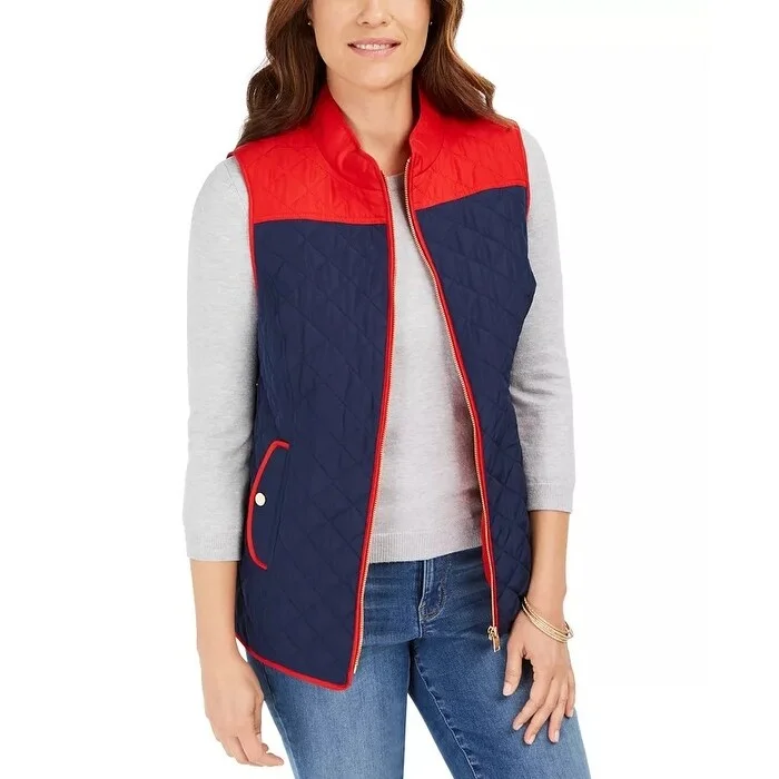 warm shearling coat for women -Charter Club Women's Colorblocked Quilted Vest Blue Size Large