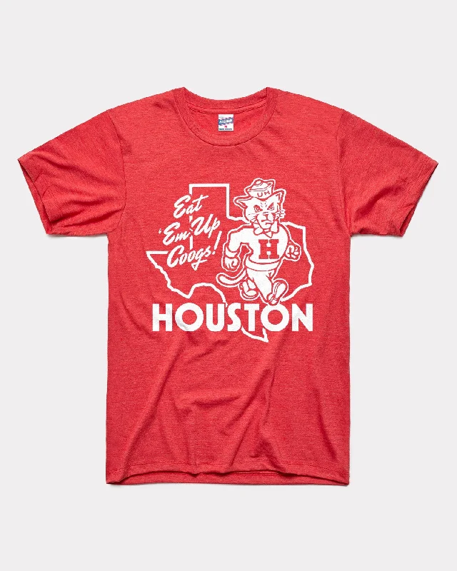 stylish cutout shoulder top for women -Houston Eat 'Em Up Coogs Texas Outline Red T-Shirt